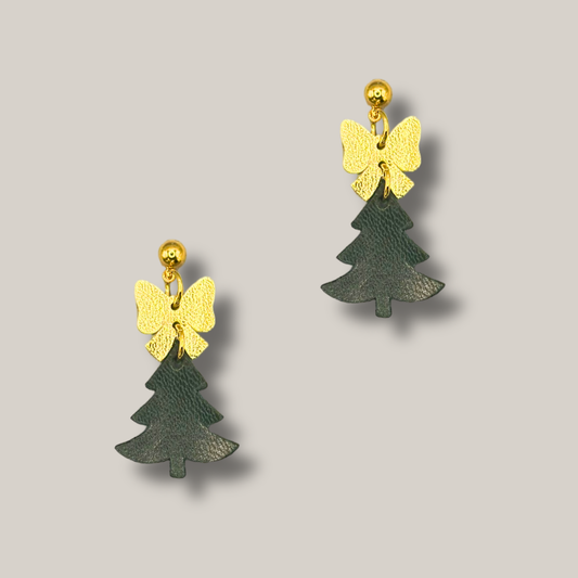 Green Tree & Bow Earrings // Christmas, Holiday, Lightweight