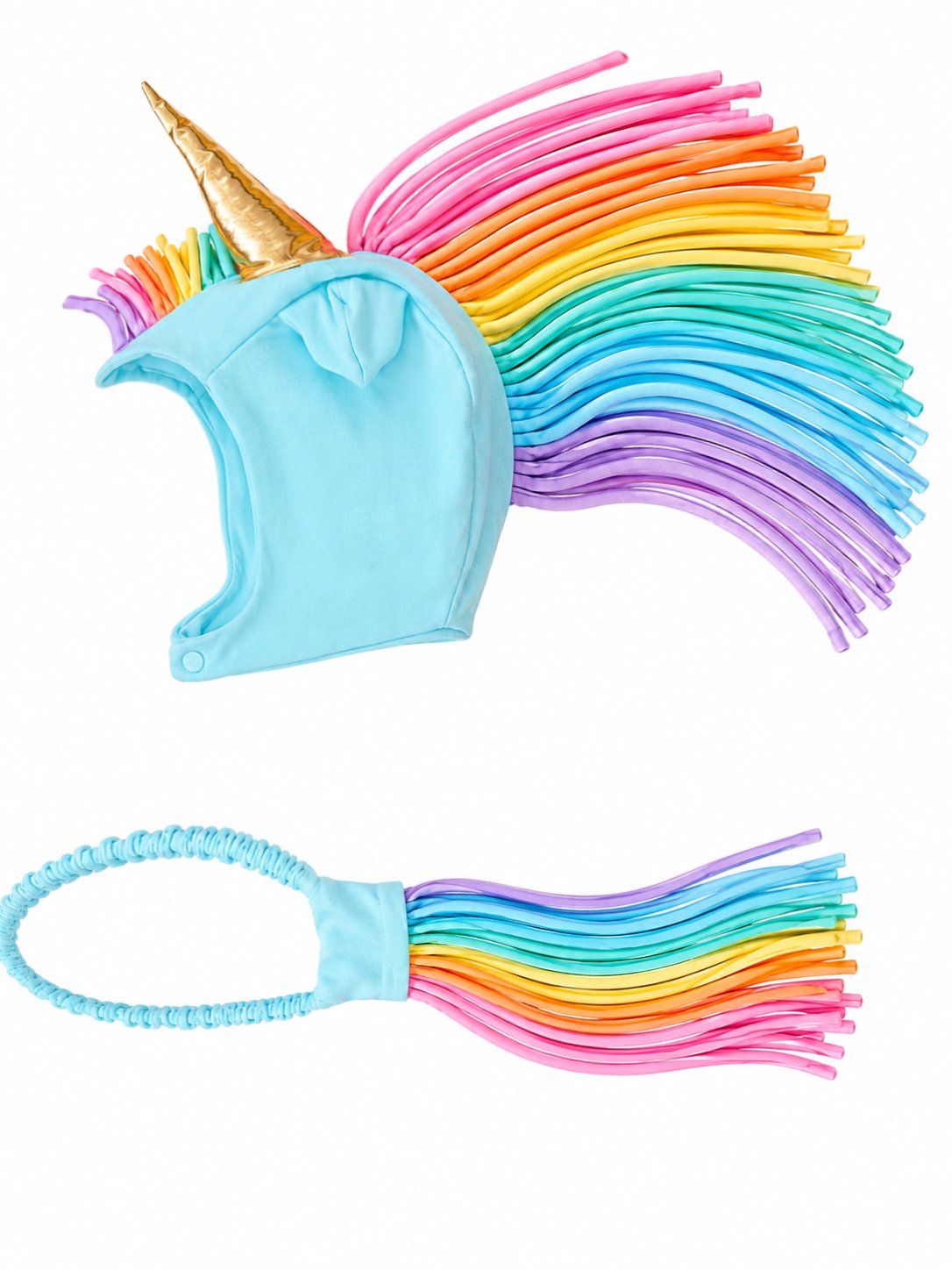 Rainbow Sky Unicorn Hat + Tail Set · Rainbow Mane with Gold Horn