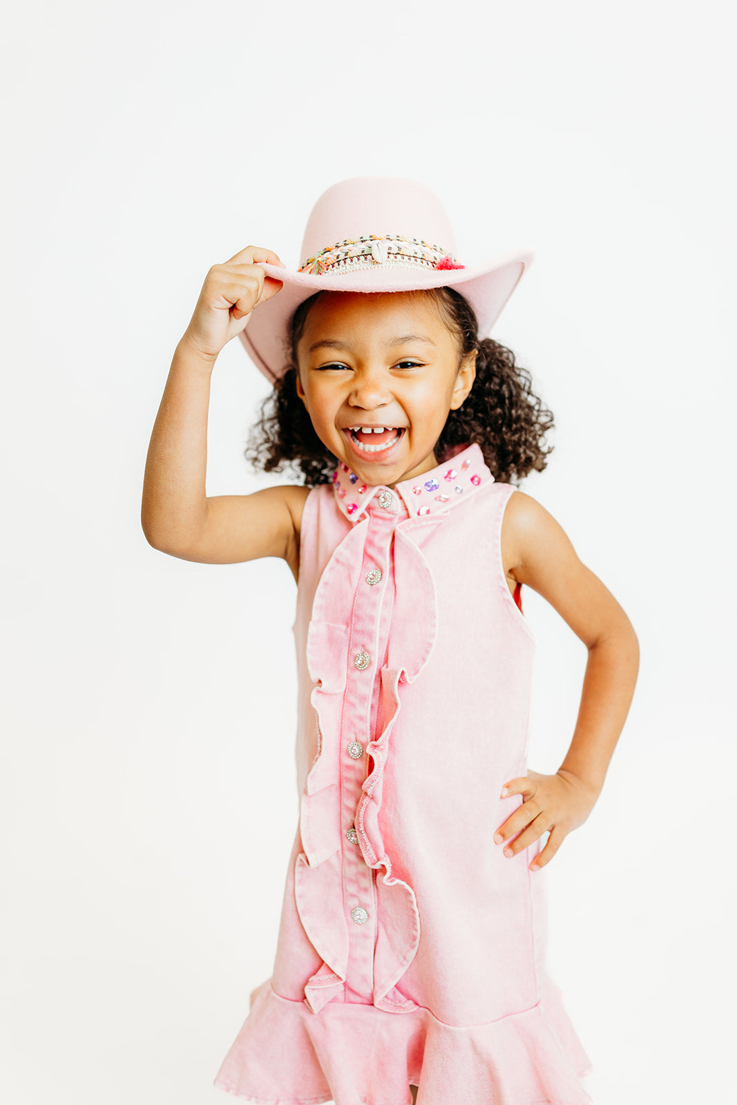 Pink Ruffle Gem Denim Dress