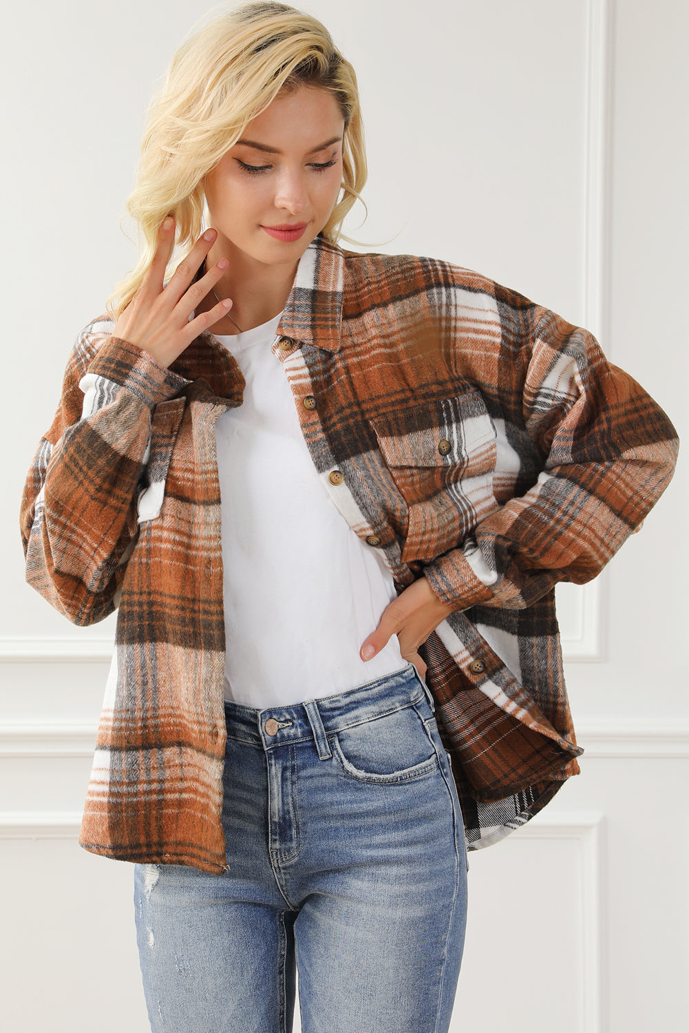 Plaid Flap Chest Pockets Shacket