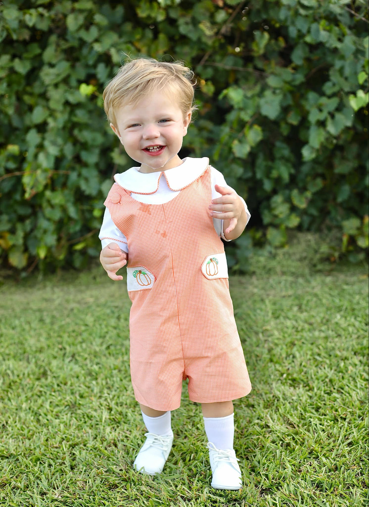 Proper Pumpkins Orange Gingham Shortall and Shirt Set with Pumpkin Embroidered Tabs