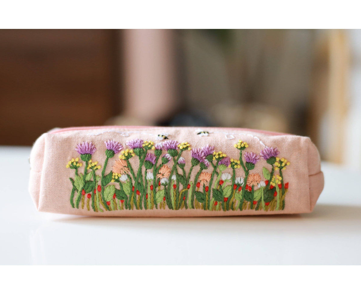 Hand Embroidered Pencil Case with Flower Embroidery