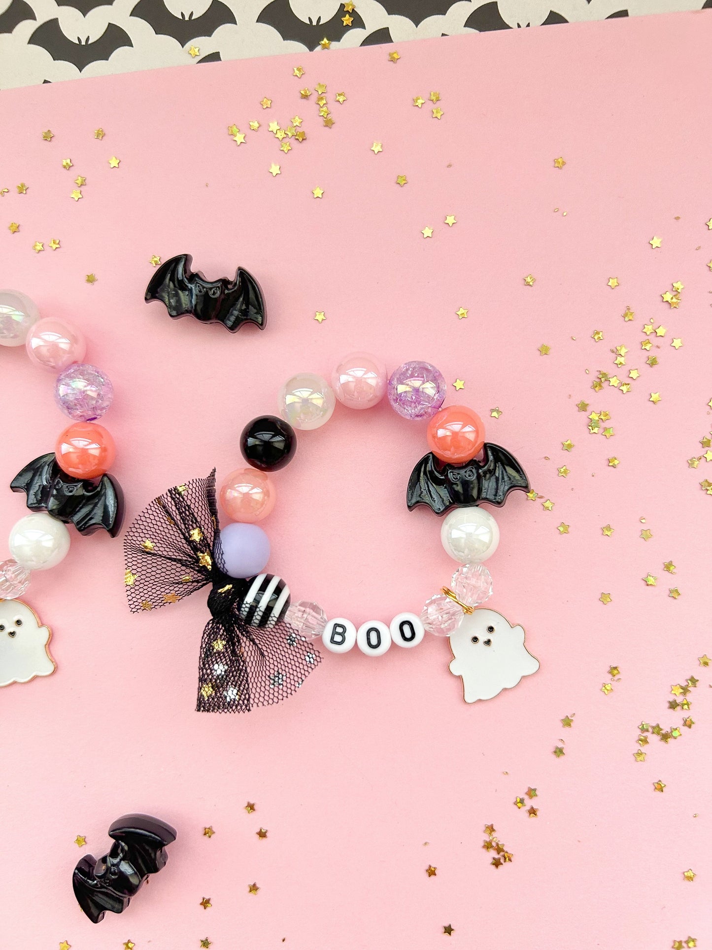 Halloween Ghost Bat Kids Charm Bracelet, Personalized, Custom Name MORE COLOR CHOICES