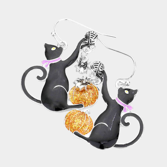 Enamel Halloween Cat Dangle Earrings