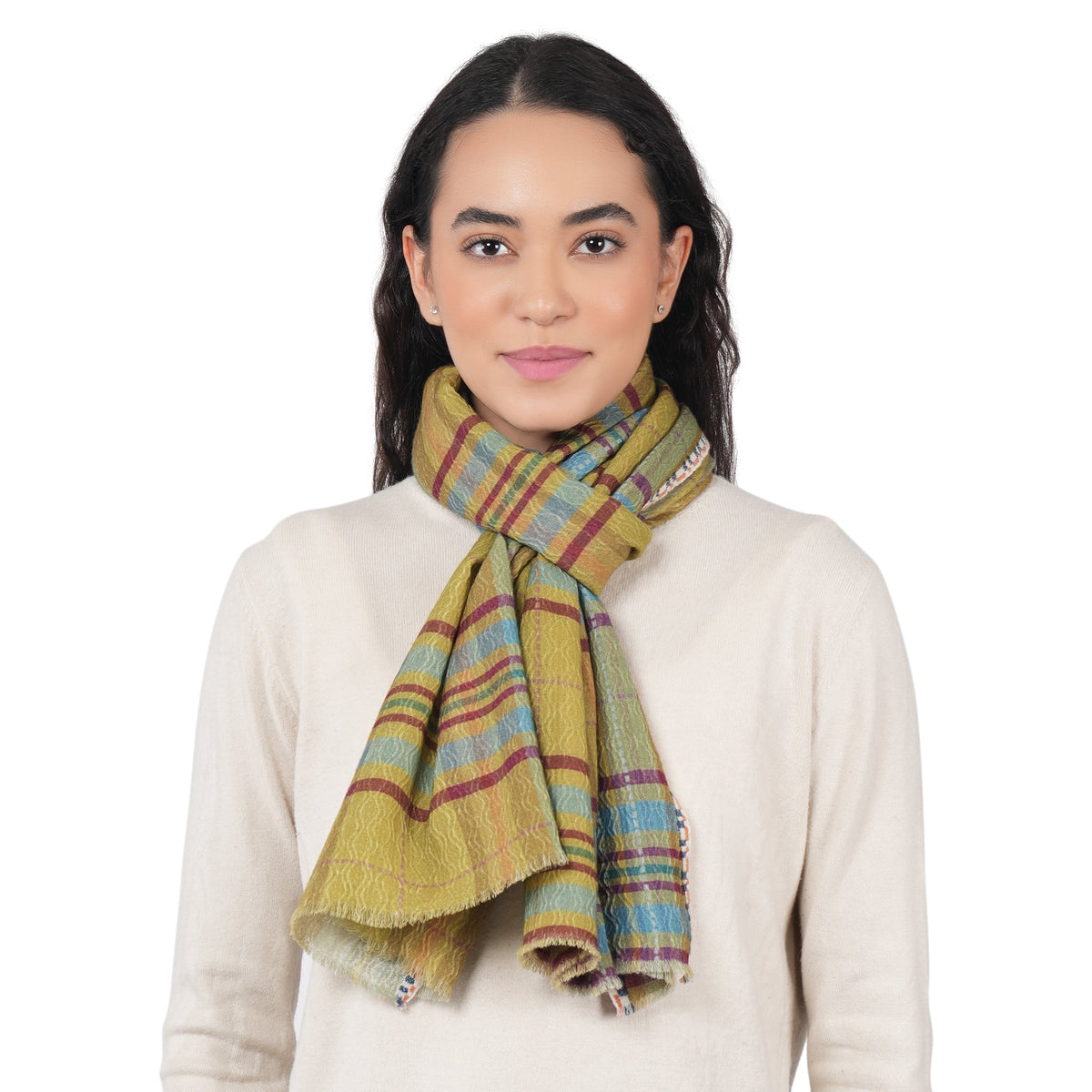 Cabin Morning Plaid Wool Scarf - Lime