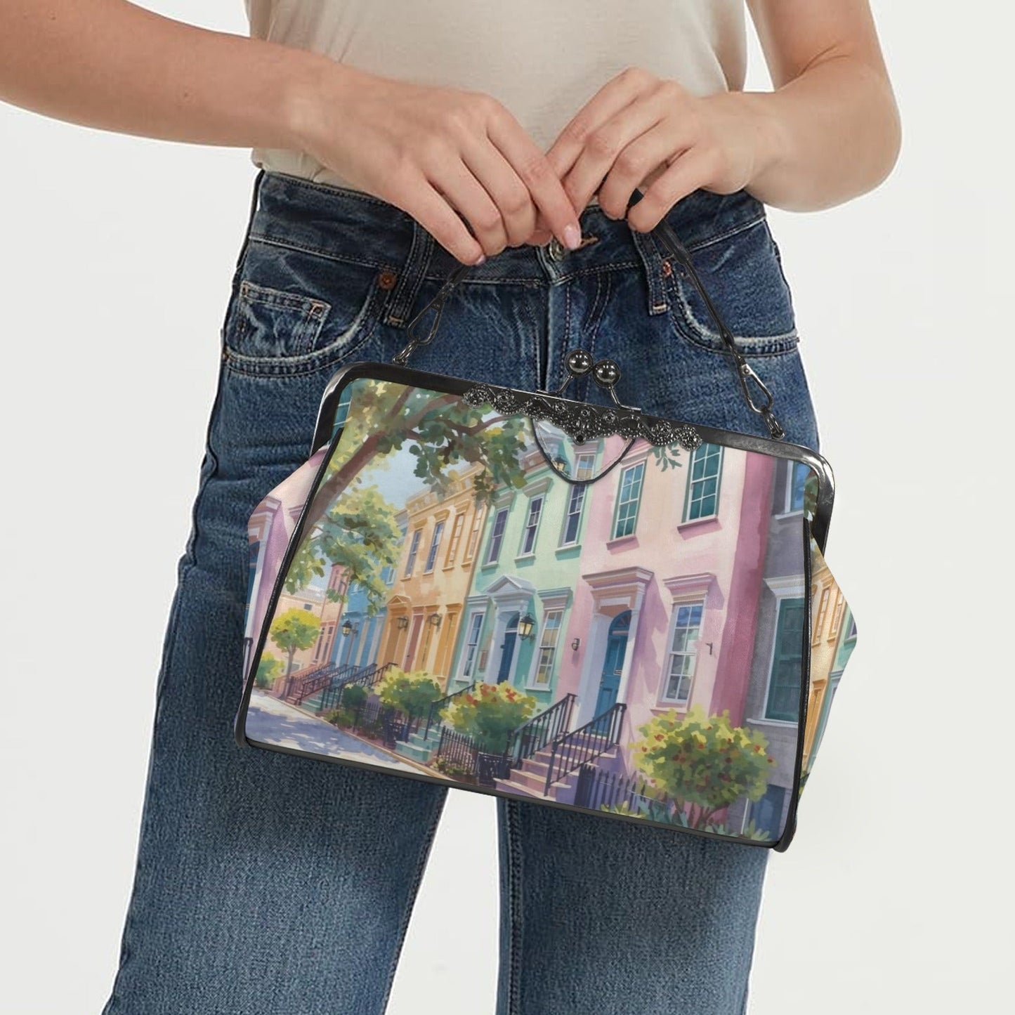 Charleston South Carolina Rainbow Row Preppy Vintage Kisslock Handbag/Shoulder Bag