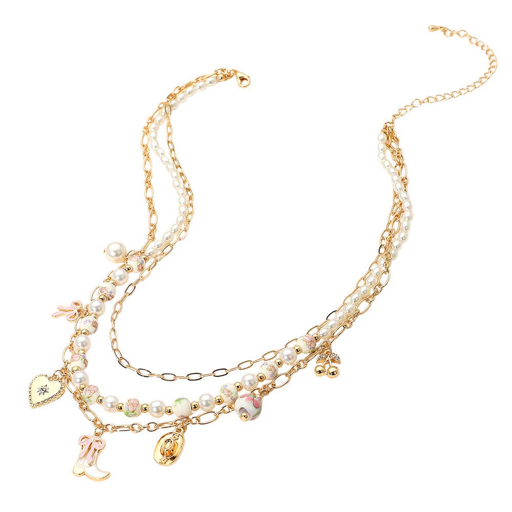 Western Cowboy Boot Hat Bow Cherry Heart Charm Station Pearl Floral Ceramic Ball Beaded Layered Necklace