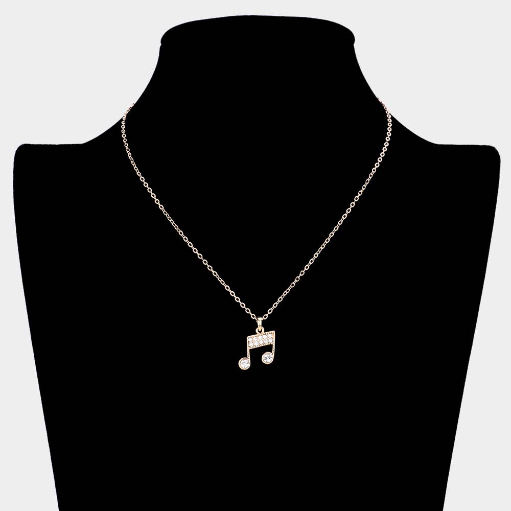 Rhinestone Embellished Metal Music Notes Pendant Necklace