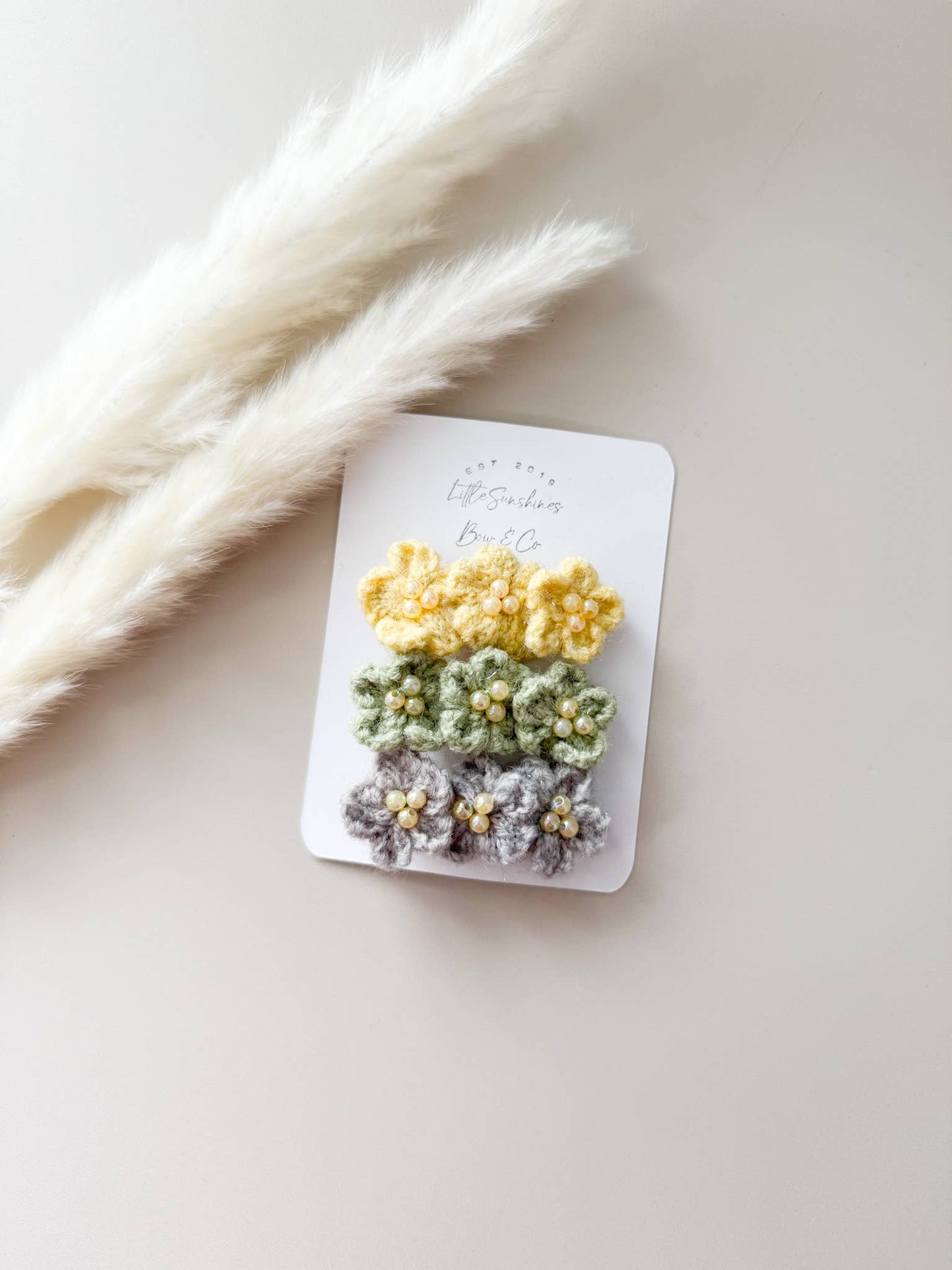 Crochet Beaded Flower Hair Clips- Set of 3