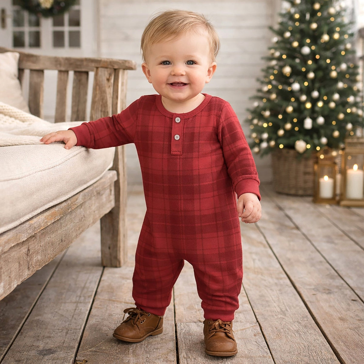 Red Plaid Baby Boy Henley Romper In Soft Cotton Rib