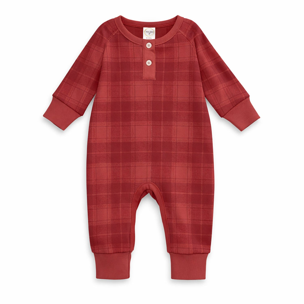 Red Plaid Baby Boy Henley Romper In Soft Cotton Rib