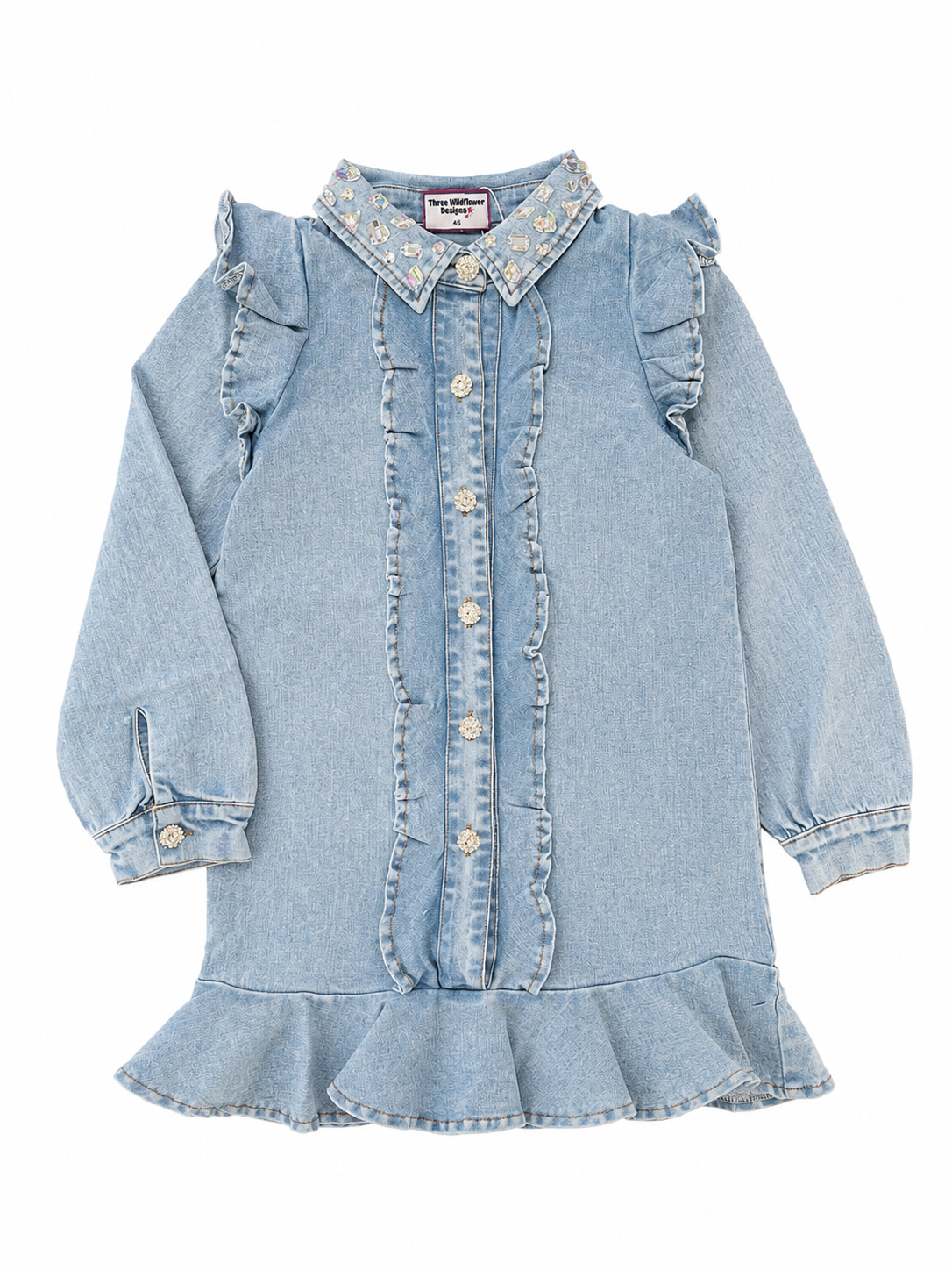 Denim Ruffle Long Sleeve Gem Button Dress