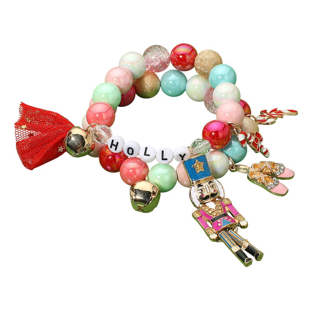 HOLLY Nutcracker Holiday Charm Bow Beaded Stretch Multi Layered Bracelets
