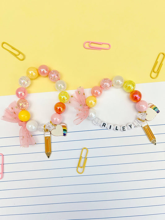 Kids Back to School Pencil and Heart Beaded Charm Bracelet
