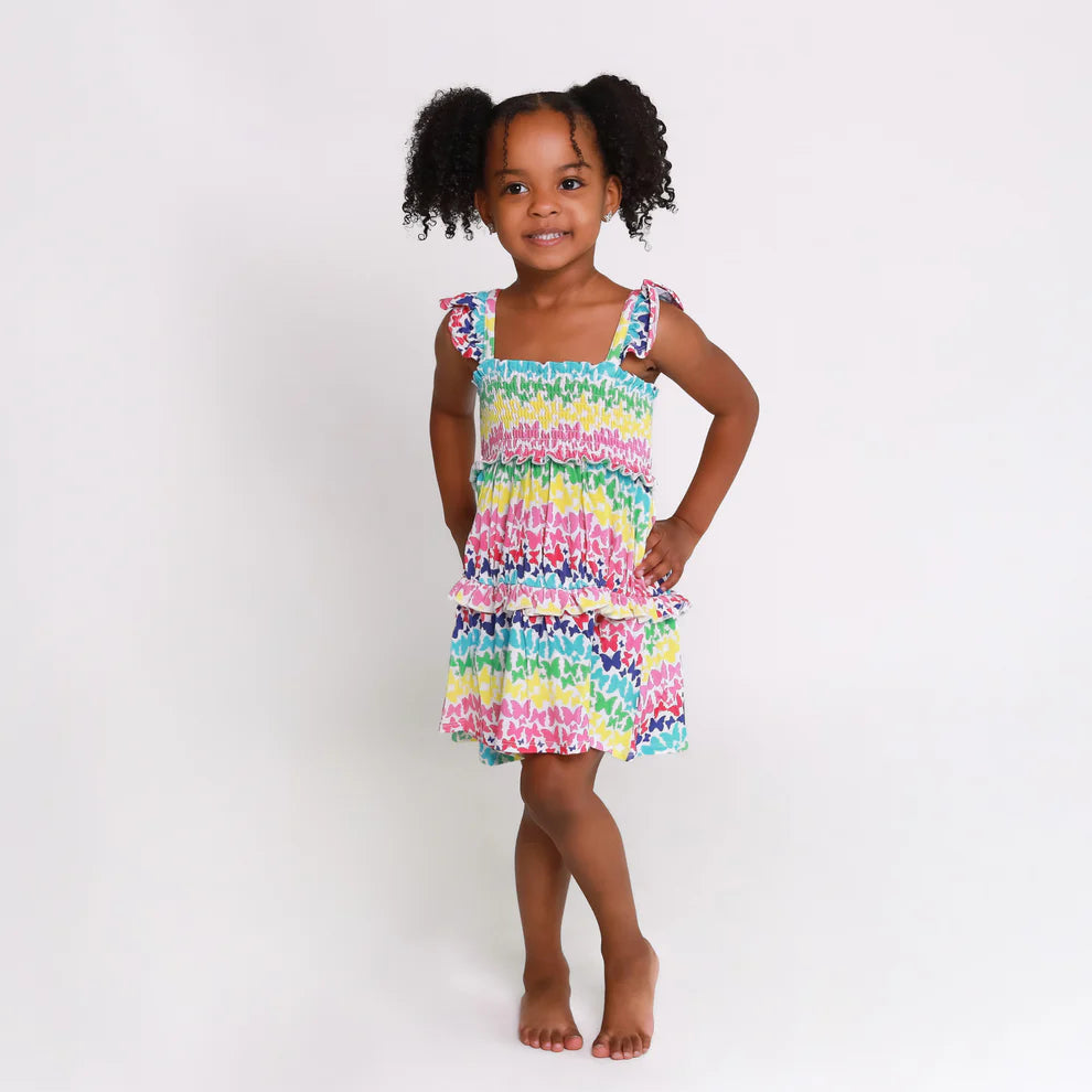 Rainbow Butterfly Smocked Flutter Sleeve Babydoll Dress