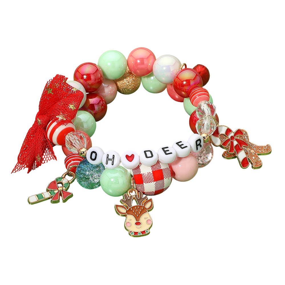 OH DEAR Reindeer Candy Cane Gingerbread Man Charm Bow Beaded Stretch Multi Layered Bracelets