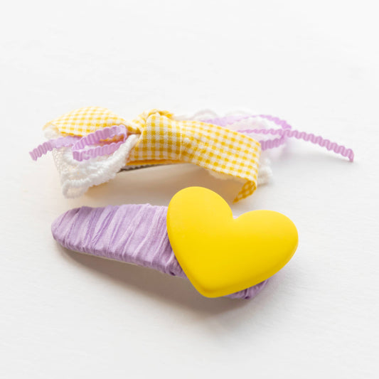 Heart and Ribbon Hair Clips | Yellow & Purple