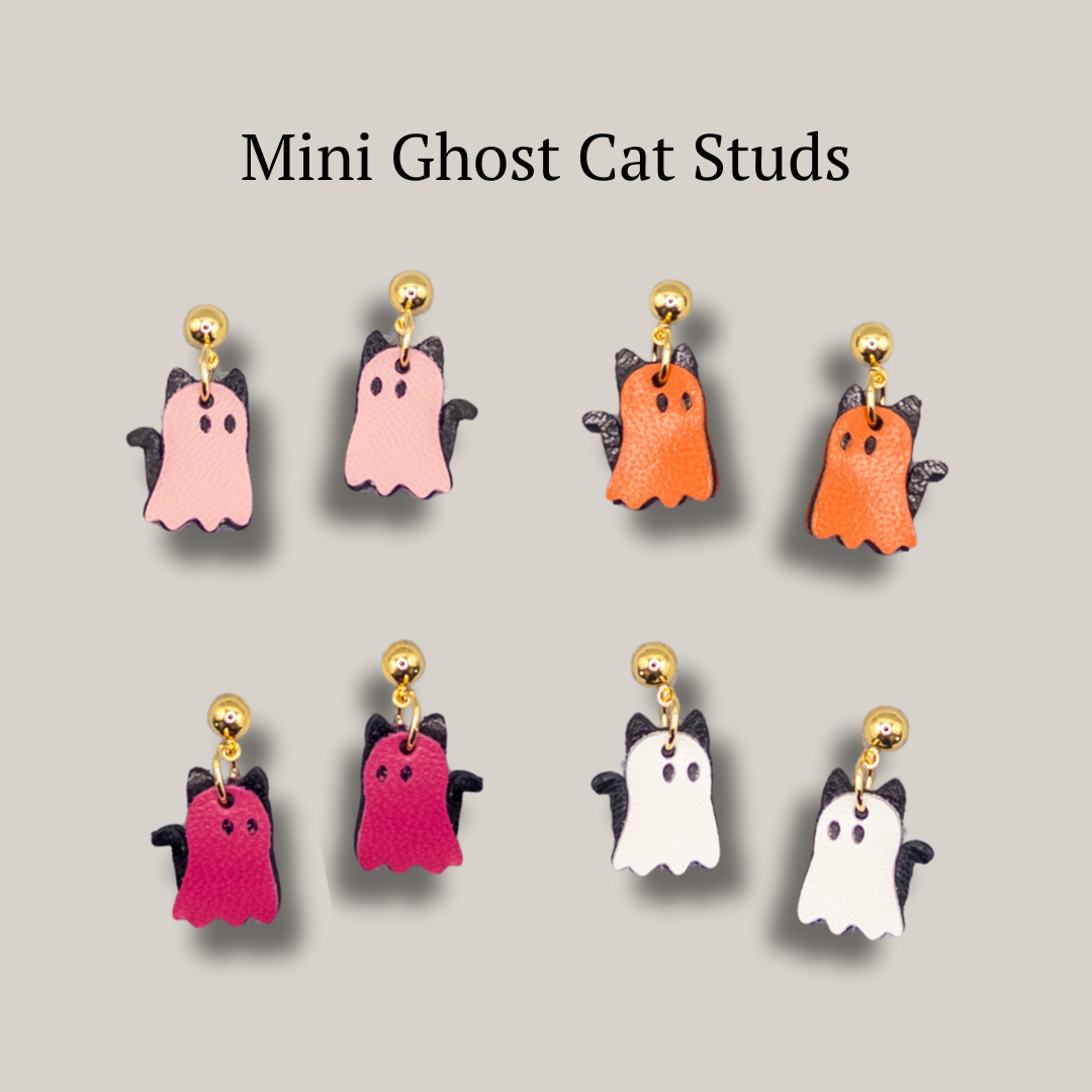 Mini Ghost Cats Studs // Halloween, Fall, Leather, Earrings: Light Pink