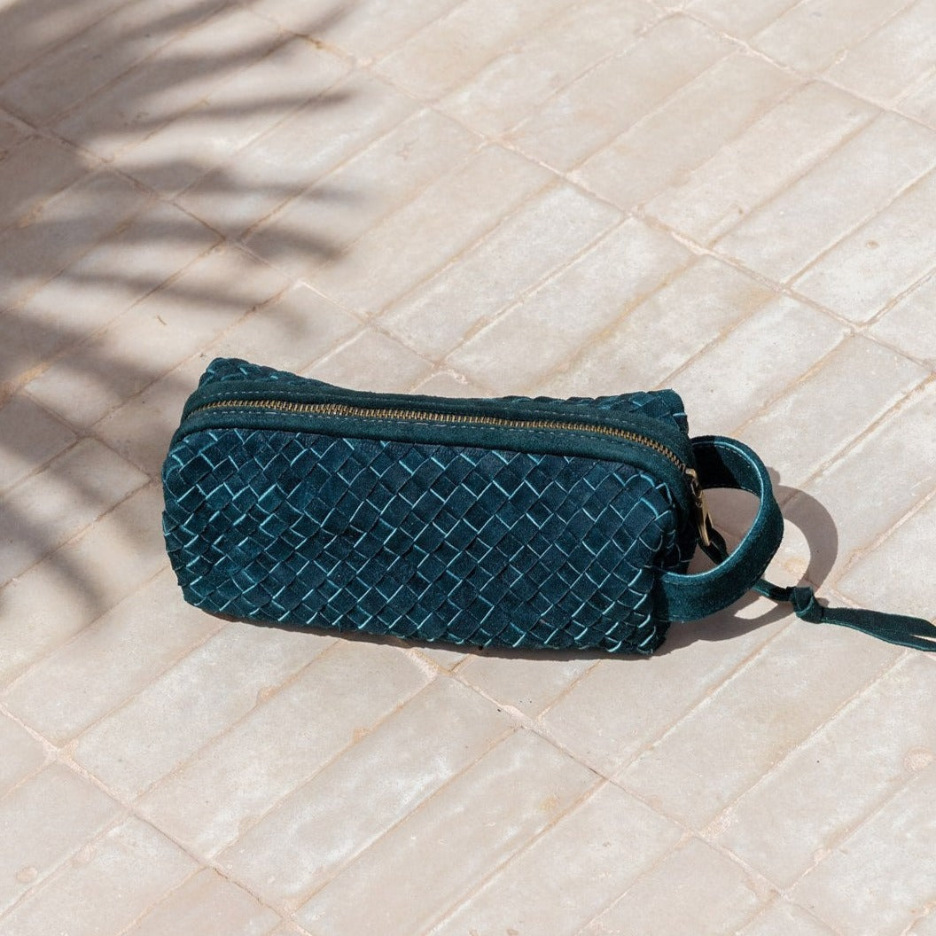 Teal Suede Woven Leather Makeup Bag