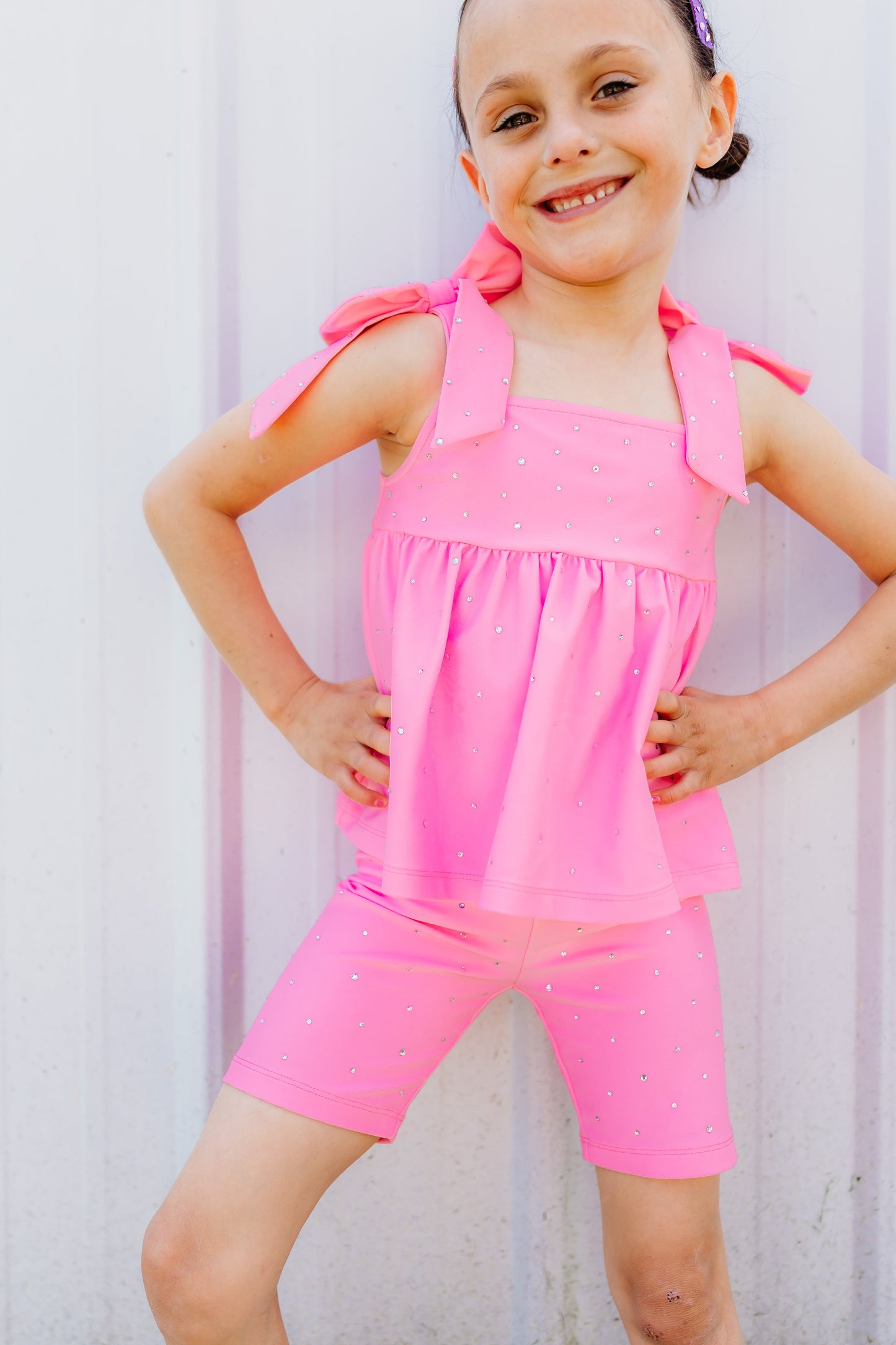Bubblegum Pink Bow Two-Piece Gem Stamped Athletic Set