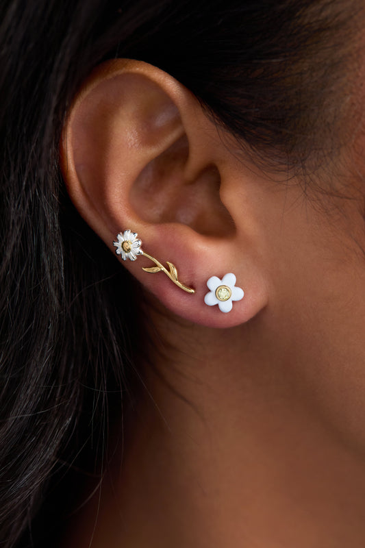 Daisy Flower Stud and Huggie Hoop Earring Set of 3