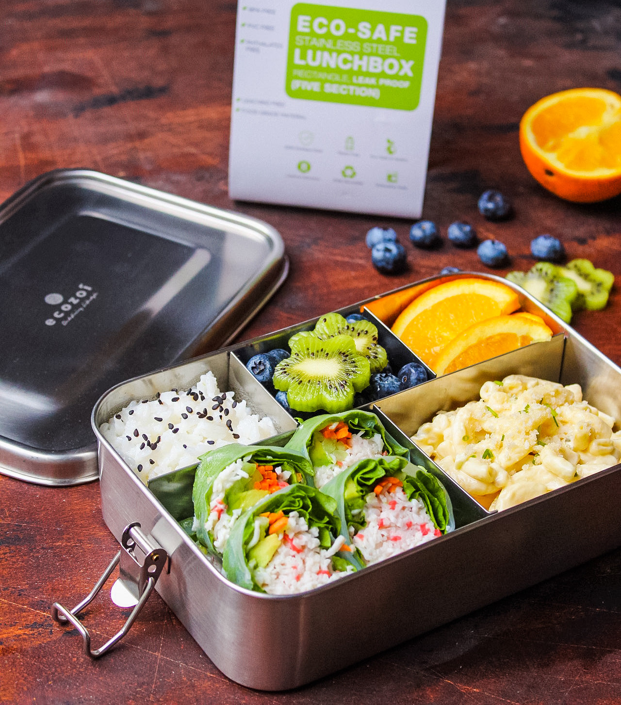 Ecozoi Stainless Steel Lunch Box for Kids and Adults, 5 Compartment, Solid Print, Leak Proof, 50 oz