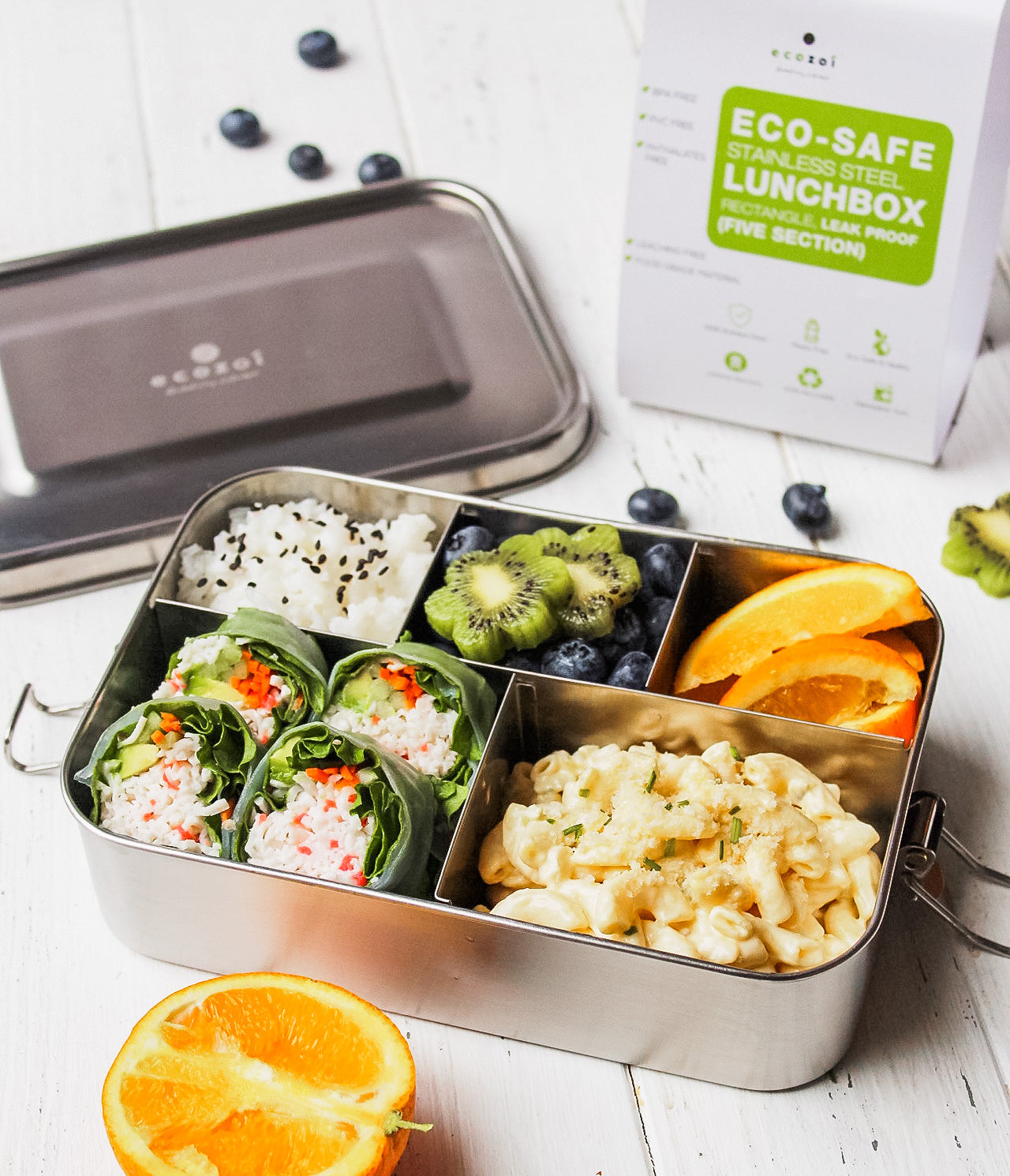 Ecozoi Stainless Steel Lunch Box for Kids and Adults, 5 Compartment, Solid Print, Leak Proof, 50 oz
