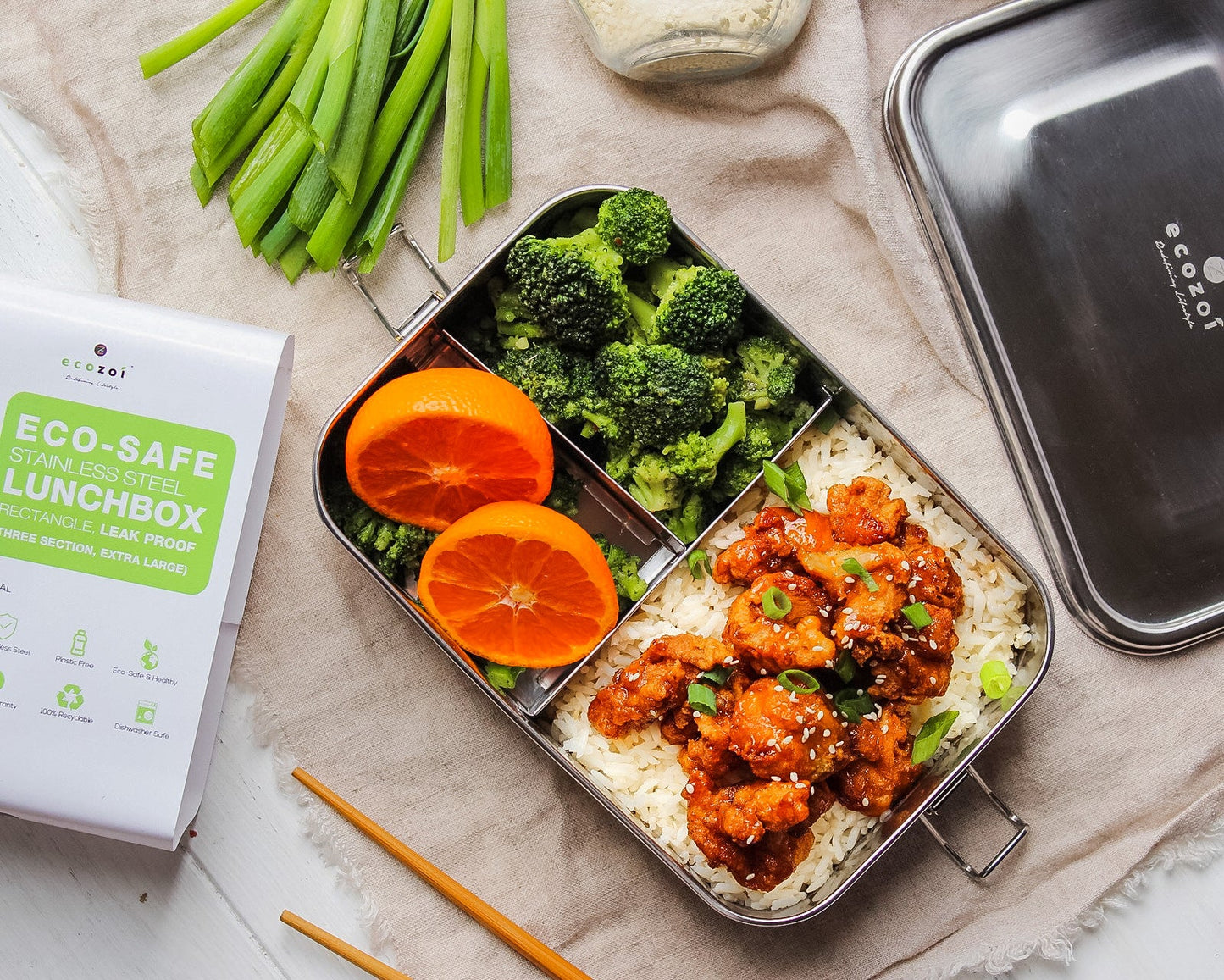 Ecozoi Stainless Steel Bento Lunch Box, 3 Compartment Tiffin Containers, Leakproof, 50 Oz