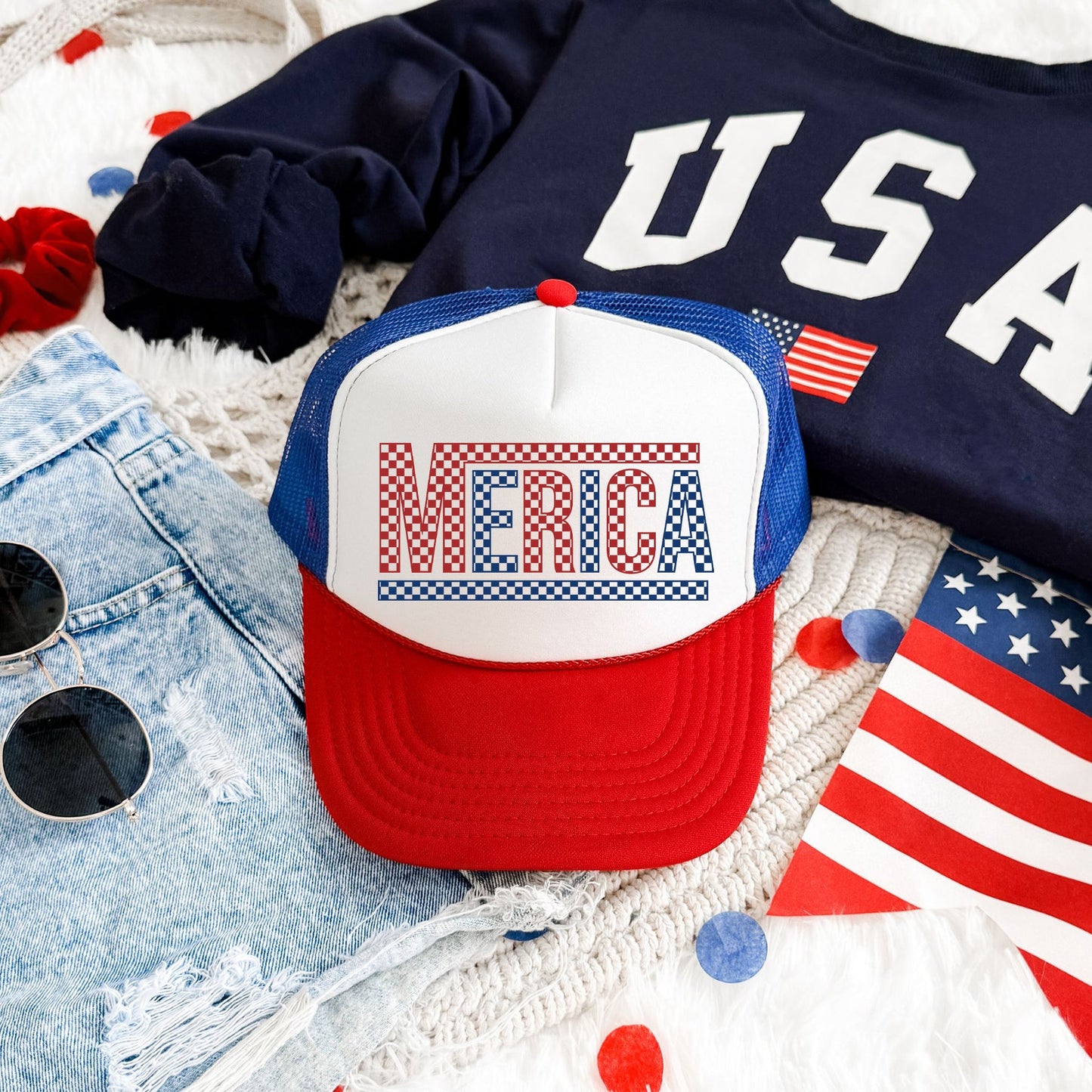 America, Checkered, Patriotic, Snapback Trucker Hat