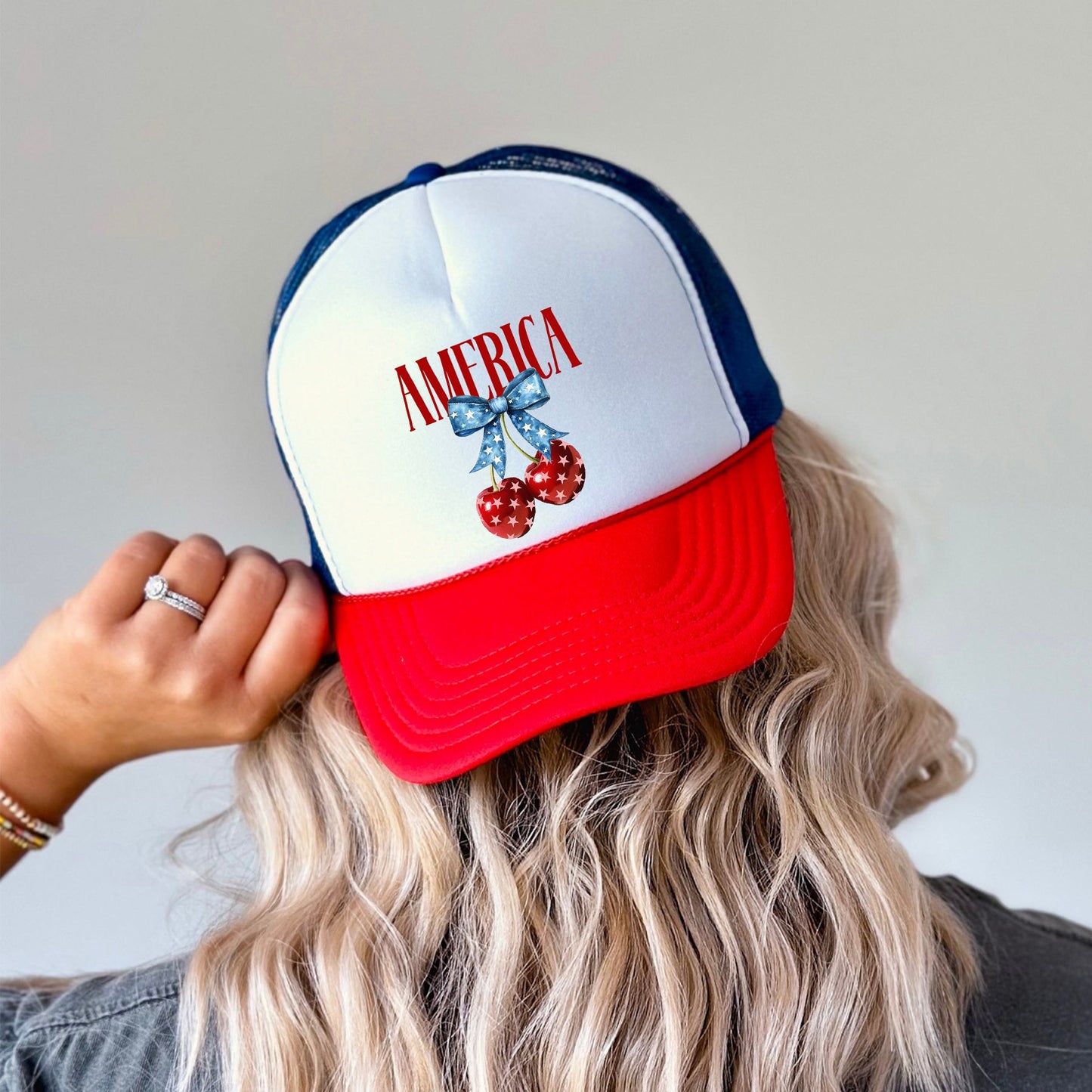 America, Cherries, Patriotic, Snapback Trucker Hat