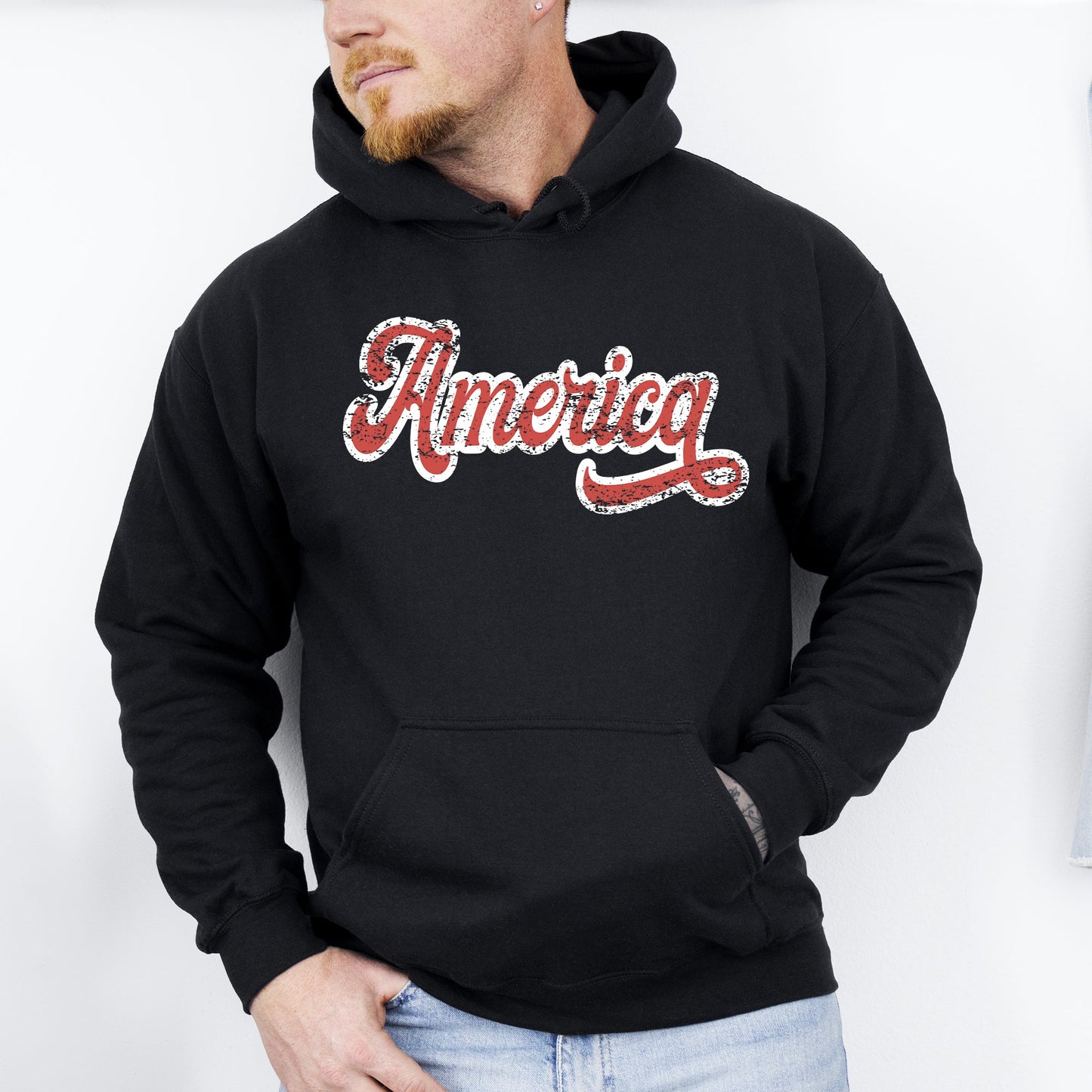 America, Red, White, Varsity, Retro, Patriotic, USA, 4th of July Hoodie, Hooded Sweatshirt -MTO