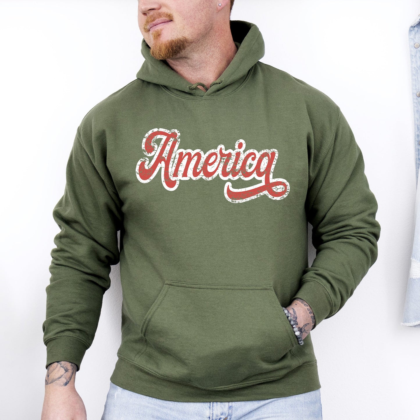 America, Red, White, Varsity, Retro, Patriotic, USA, 4th of July Hoodie, Hooded Sweatshirt -MTO