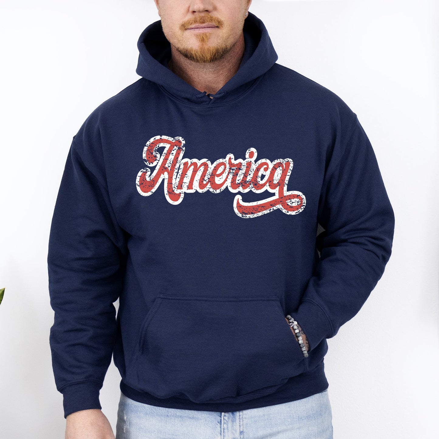 America, Red, White, Varsity, Retro, Patriotic, USA, 4th of July Hoodie, Hooded Sweatshirt -MTO