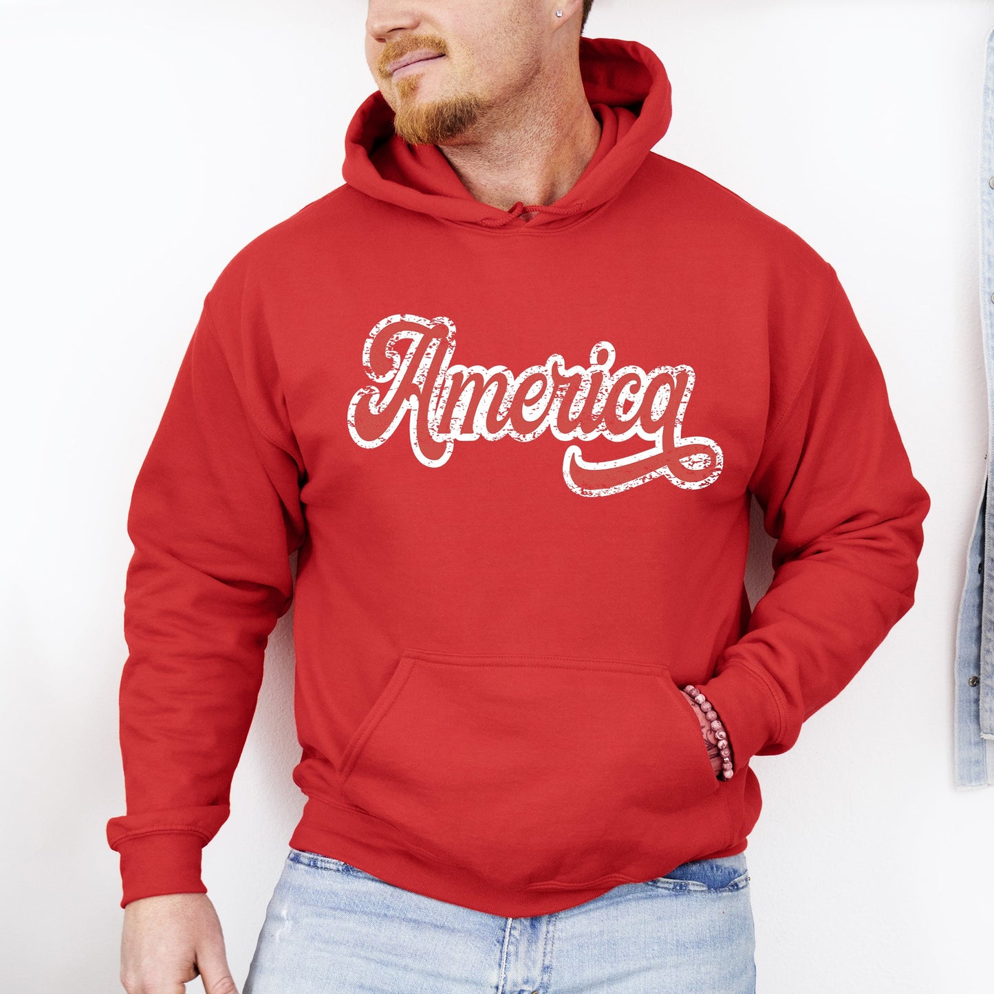 America, Red, White, Varsity, Retro, Patriotic, USA, 4th of July Hoodie, Hooded Sweatshirt -MTO