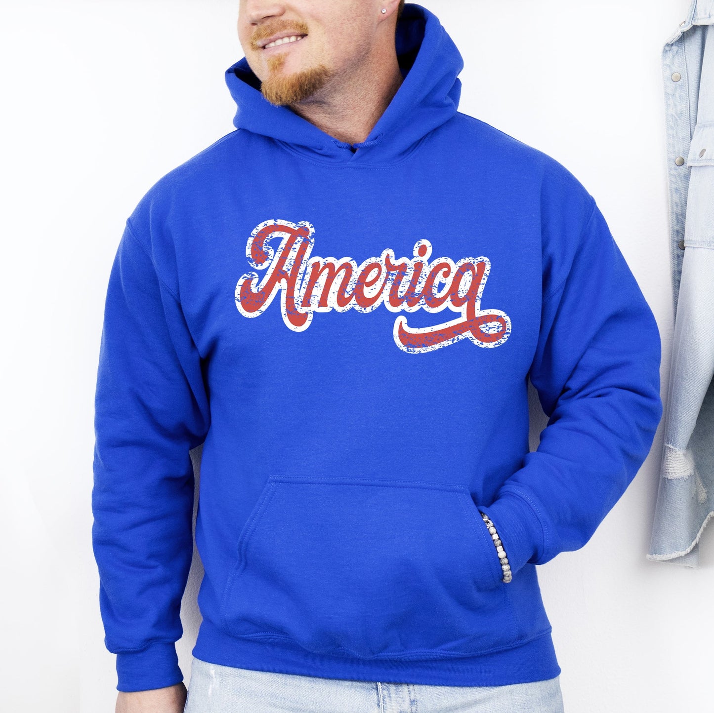 America, Red, White, Varsity, Retro, Patriotic, USA, 4th of July Hoodie, Hooded Sweatshirt -MTO