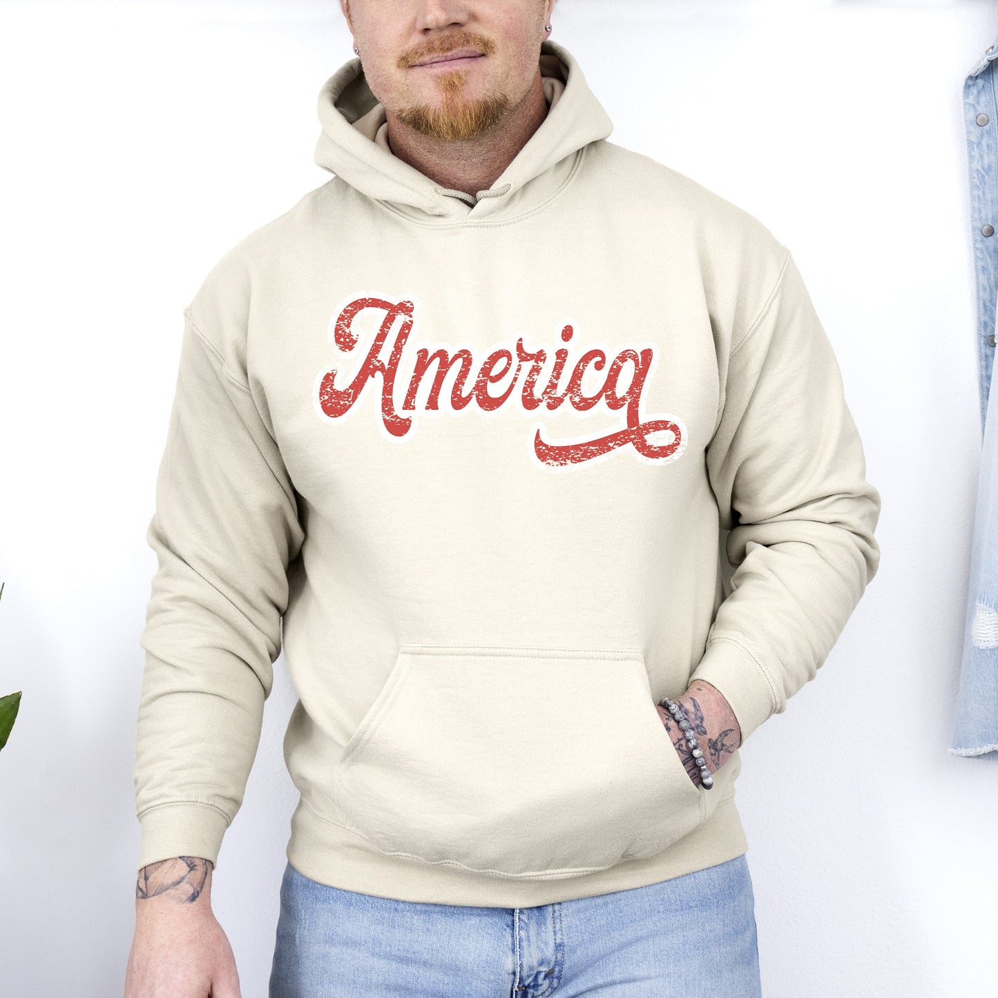 America, Red, White, Varsity, Retro, Patriotic, USA, 4th of July Hoodie, Hooded Sweatshirt -MTO