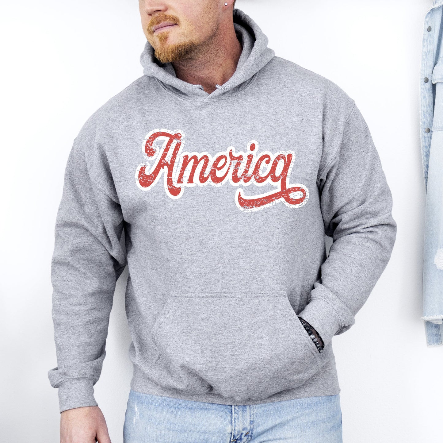 America, Red, White, Varsity, Retro, Patriotic, USA, 4th of July Hoodie, Hooded Sweatshirt -MTO