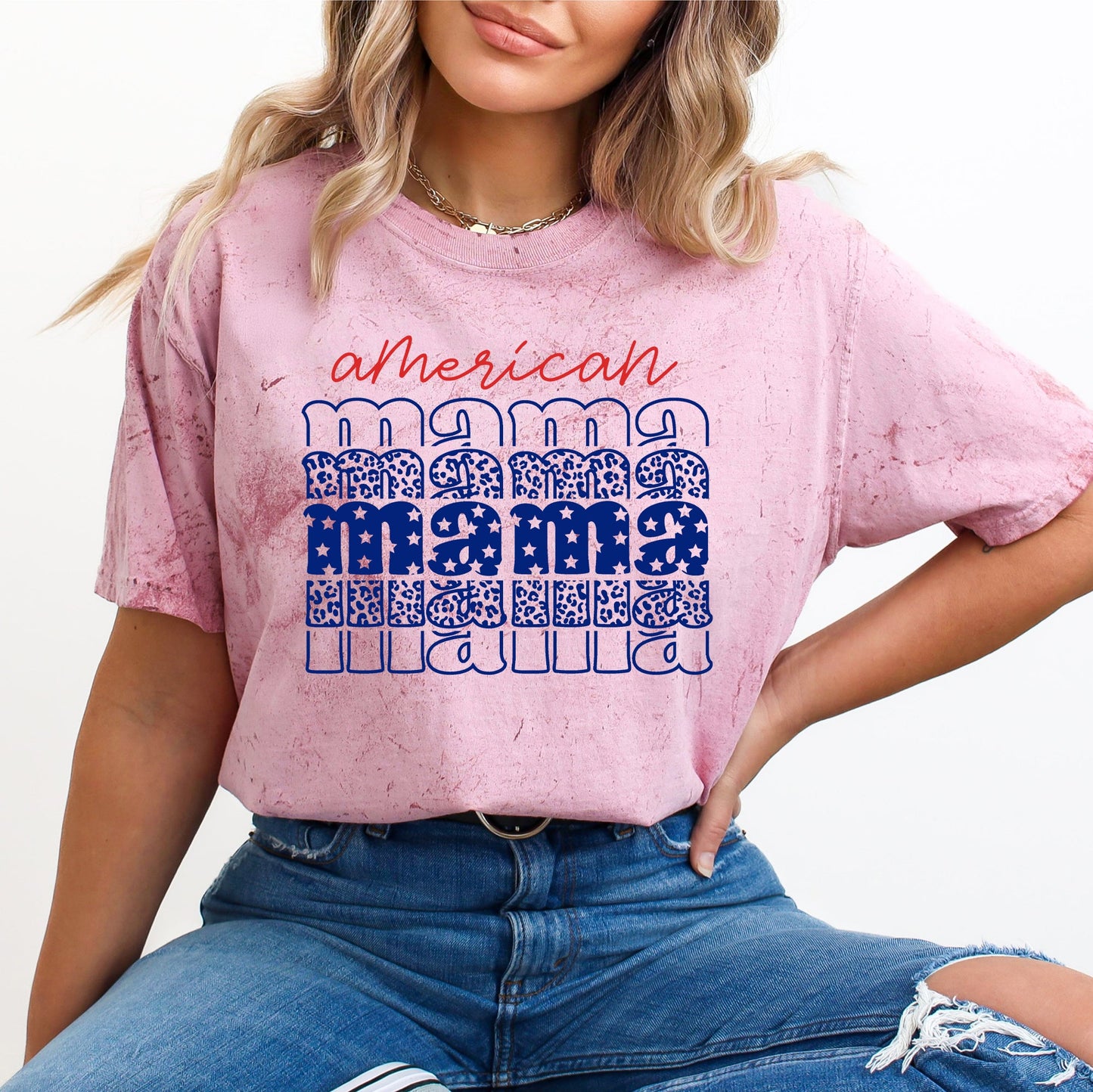 American Mama, Retro, Patriotic, Stars, Leopard, 4th of July, Color Blast Tshirt Comfort Colors T-Shirt
