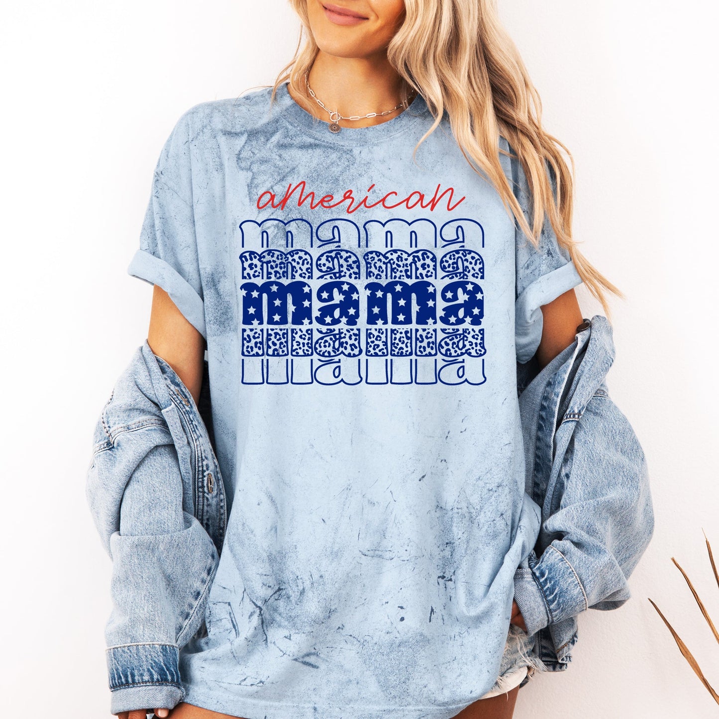 American Mama, Retro, Patriotic, Stars, Leopard, 4th of July, Color Blast Tshirt Comfort Colors T-Shirt