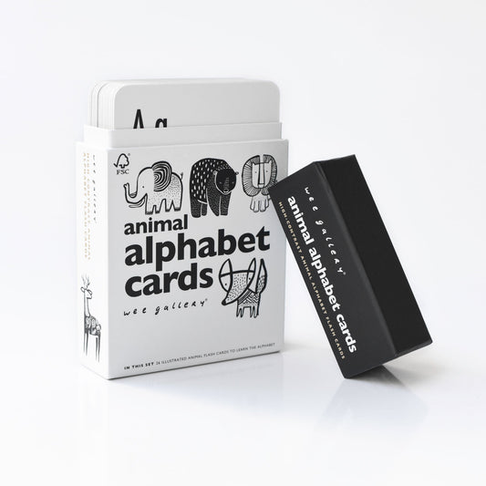 Animal alphabet cards packaging with illustrations on a white background