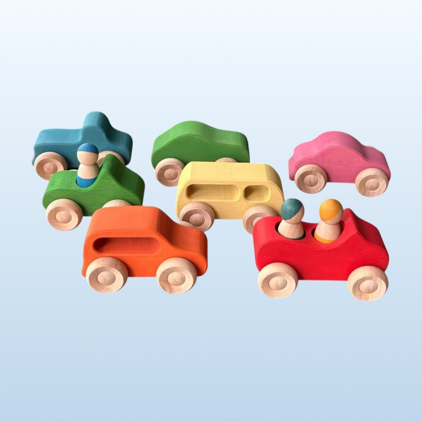 7 Pcs Colored Wooden Rainbow Cars Set with 3 Peg Dolls