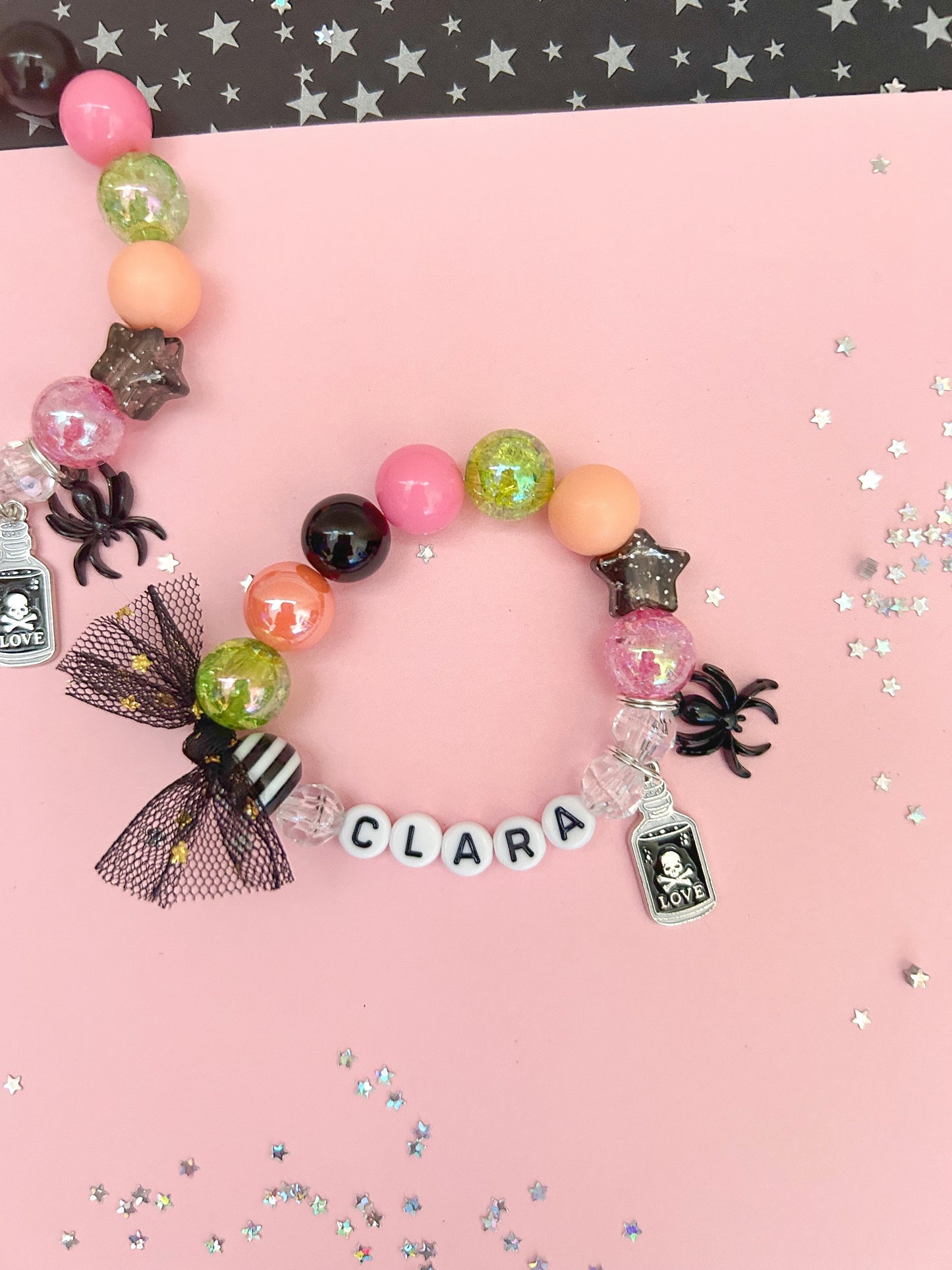 Halloween Love Potion Kids Charm Bracelet, Personalized, Custom Name Bright Colors