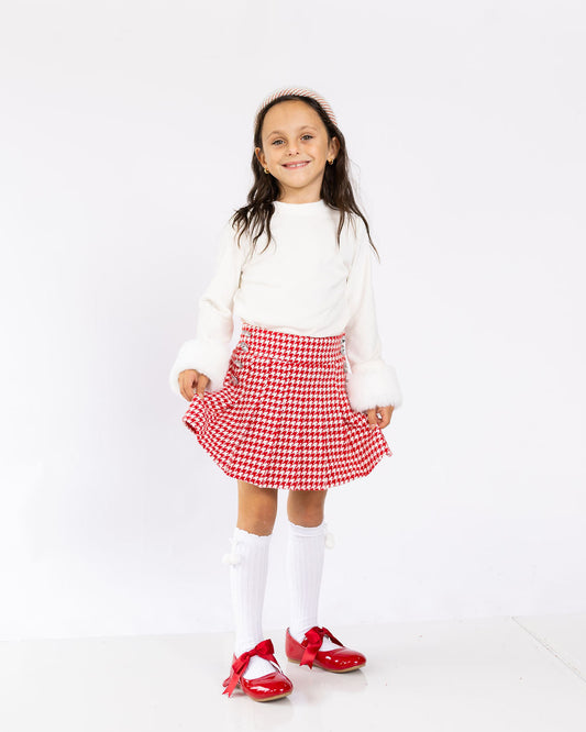 Red Houndstooth Gem Button Pleat Skirt - preorder