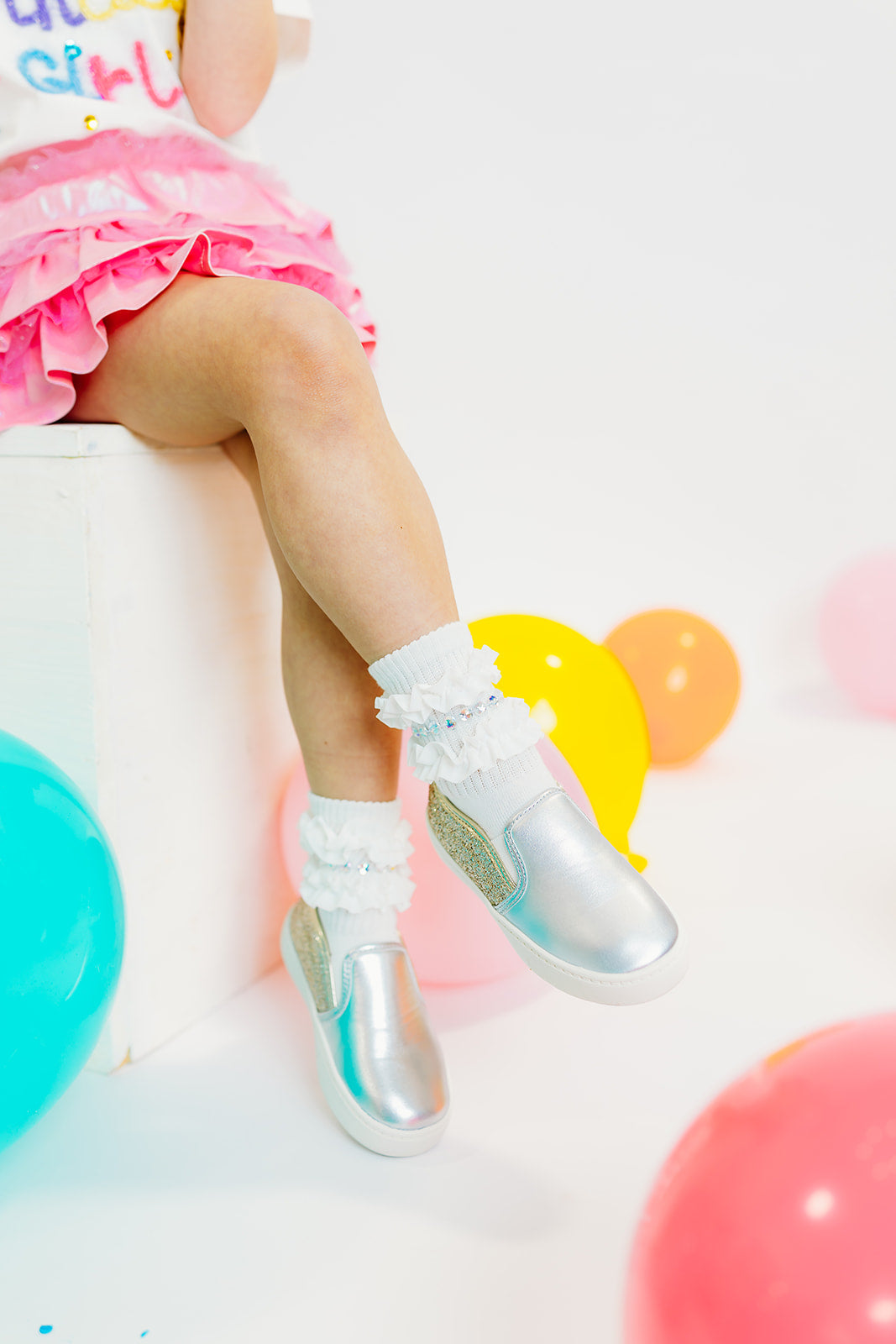 White Varsity Sparkle Ruffle Socks