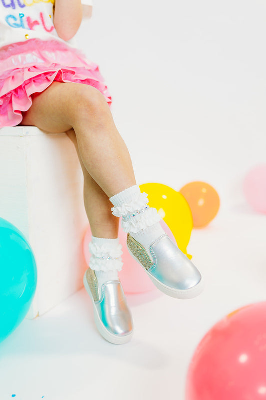 White Varsity Sparkle Ruffle Socks