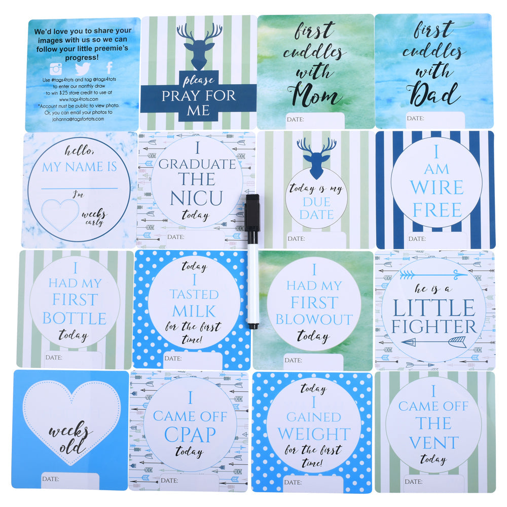 Boy Preemie Three Little Tots NICU Milestone Cards in Plastic