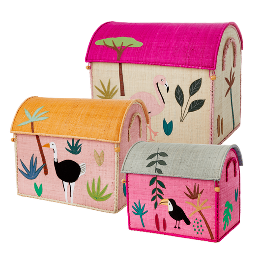 Raffia Storage Baskets with Jungle Pink Theme - Set of Three