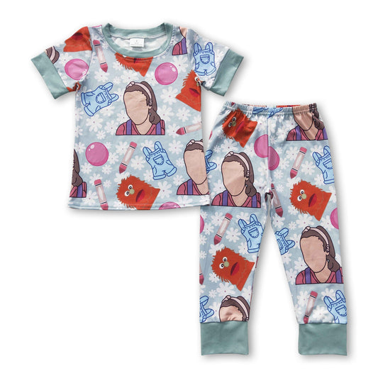 Pencil blue overalls teacher print baby kids pajamas