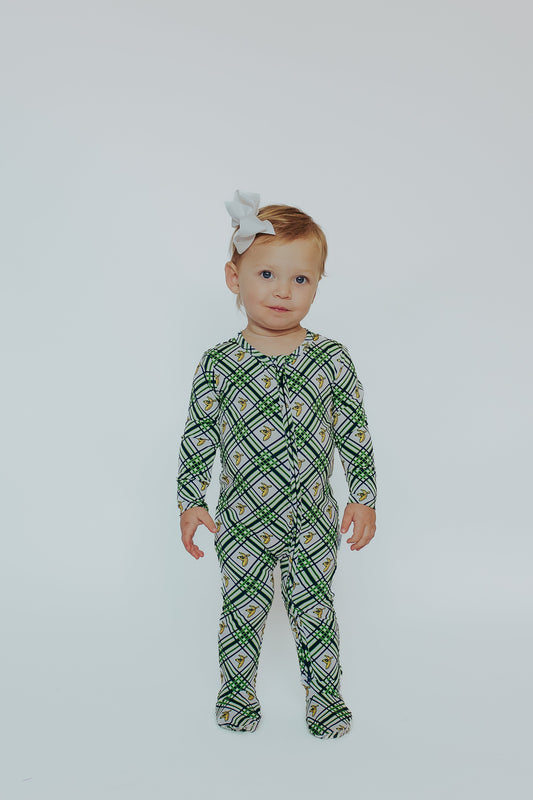 Peaz N’ Carrots X Savannah Bananas Official Licensed Baby and Toddler Double Zip Footies in Banana Plaid™