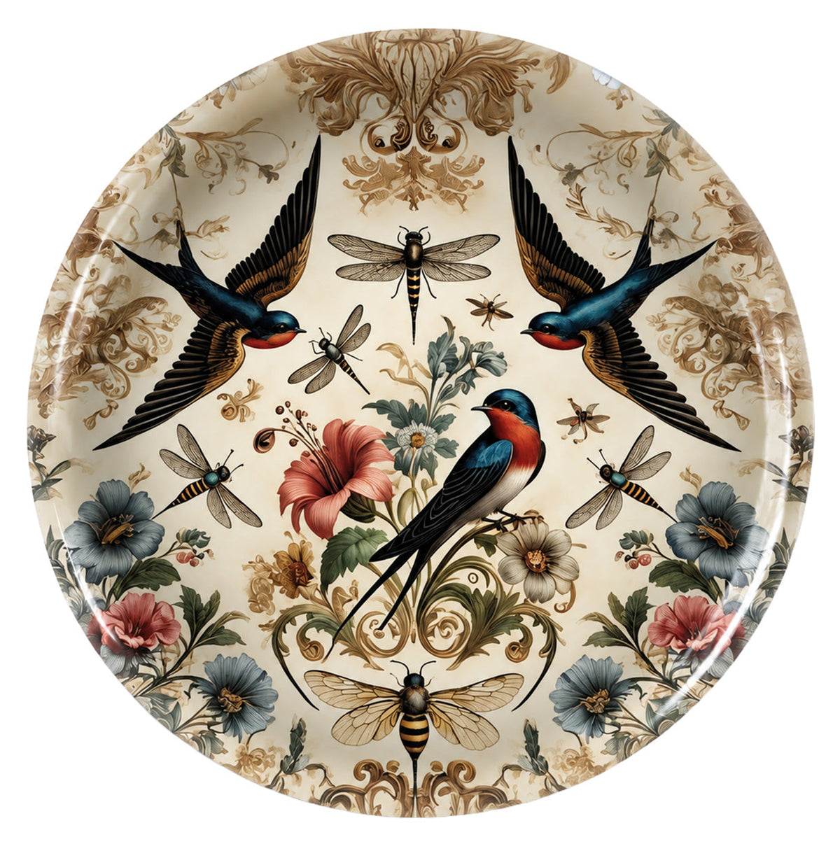 Birds and Bees Birchwood Decorative Tray - Round - Large